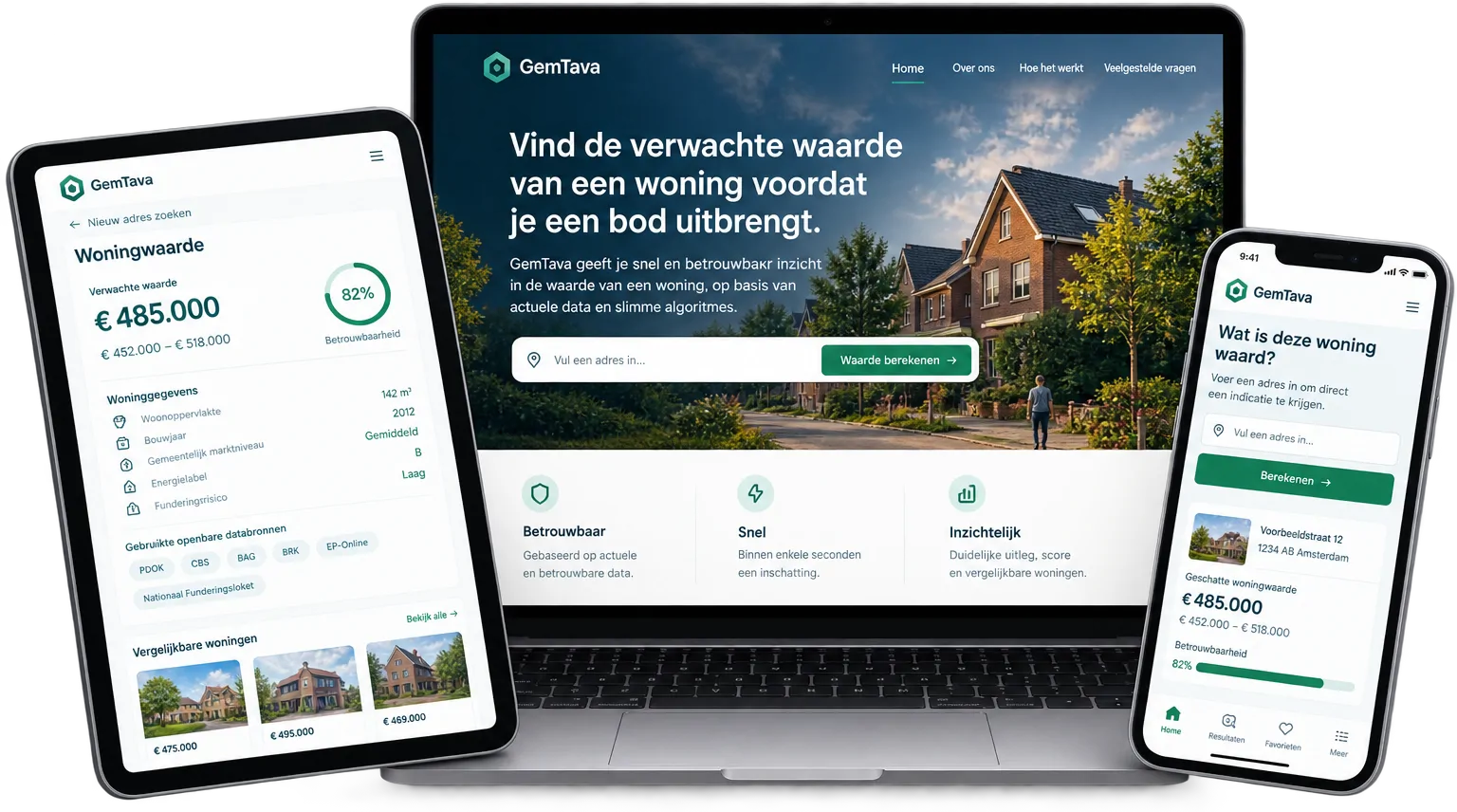 GemTava running on a laptop, tablet and phone: a Dutch property valuation service showing an estimated house value.